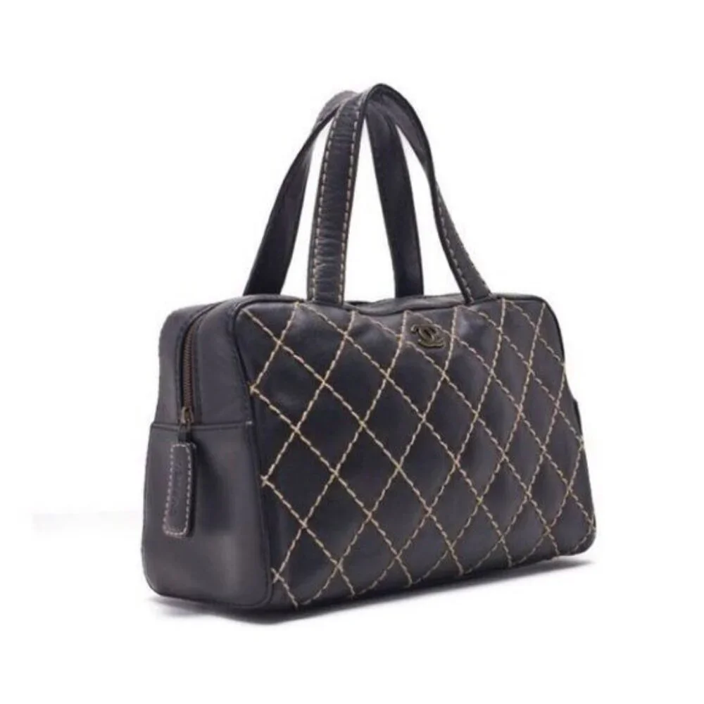 Authentic CHANEL CC Wild Stitch Vintage Quilted Bowler Hand Bag Tote Lambskin - Picture 4 of 15